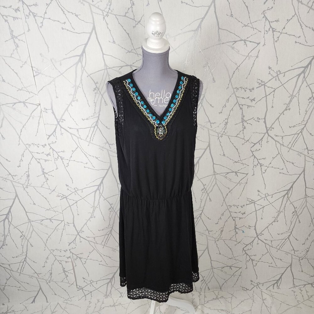 Roz & Ali Black Stretch Knit Jewel Necklace V-Neck Dress